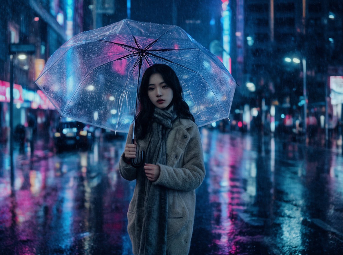 Retrato urbano bajo la lluvia y las luces de la ciudad