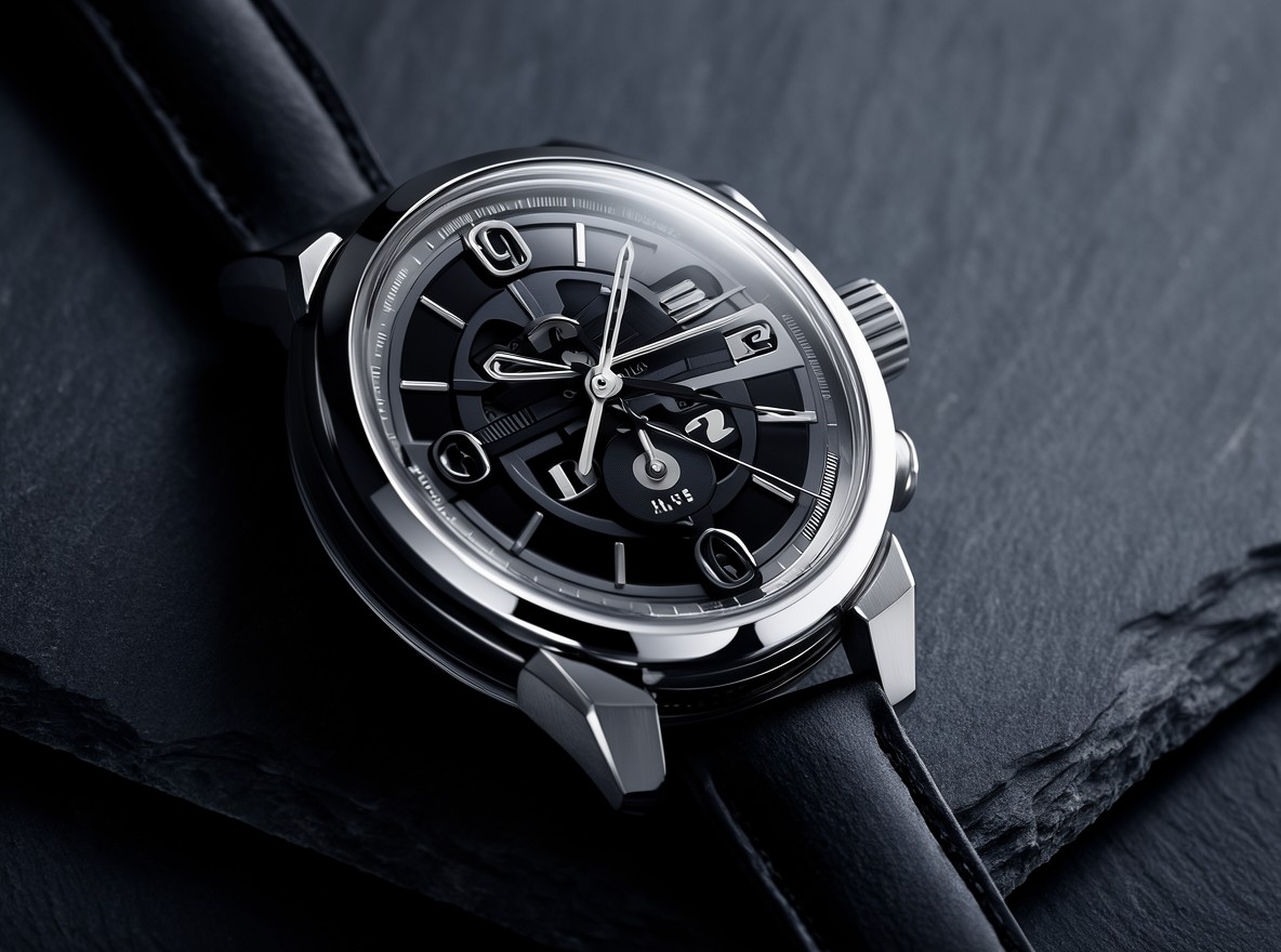 Fotografía de producto de un reloj sobre una superficie oscura
